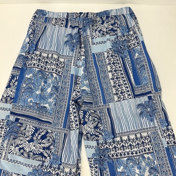 J. McLaughlin White Blue Palm Print Eugene Palazzo Pants M Wide Leg Patchwork - Picture 5 of 14